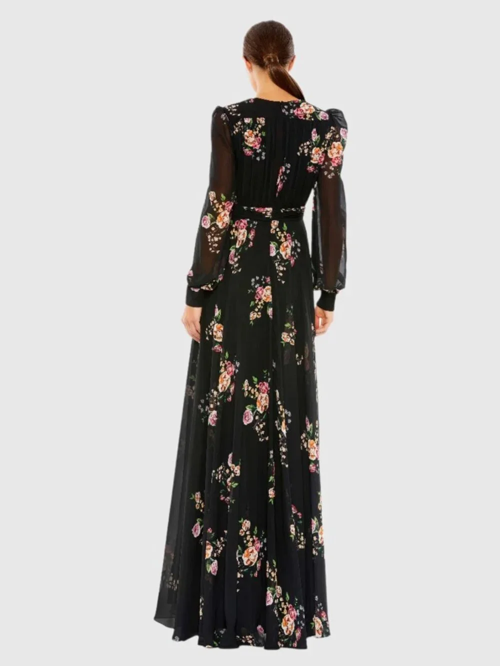 Mac Duggal Size 6 Black Floral 55661 Belted Long Sleeve V-neck Gown Dress Flaws - Picture 4 of 16